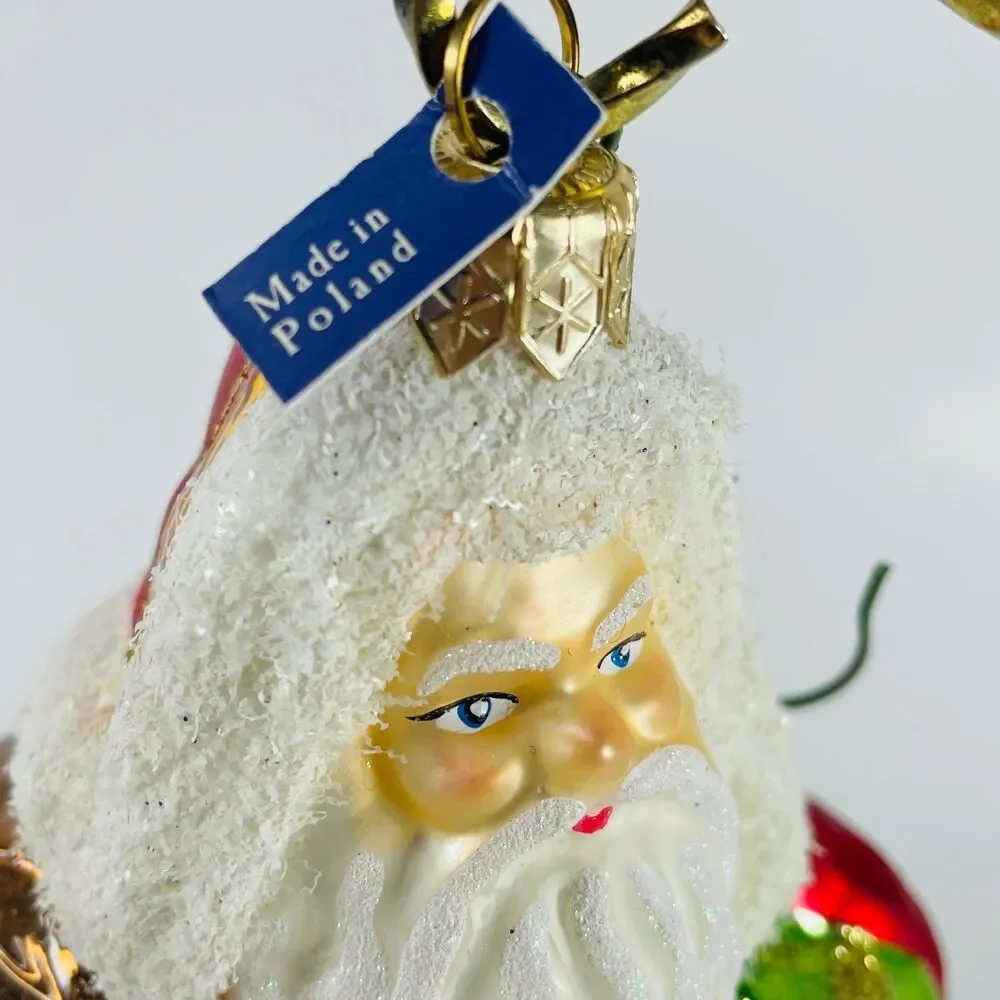 Polish Glass Santa Claus Christmas Ornament Large Glitter Hand Painted 7 inch